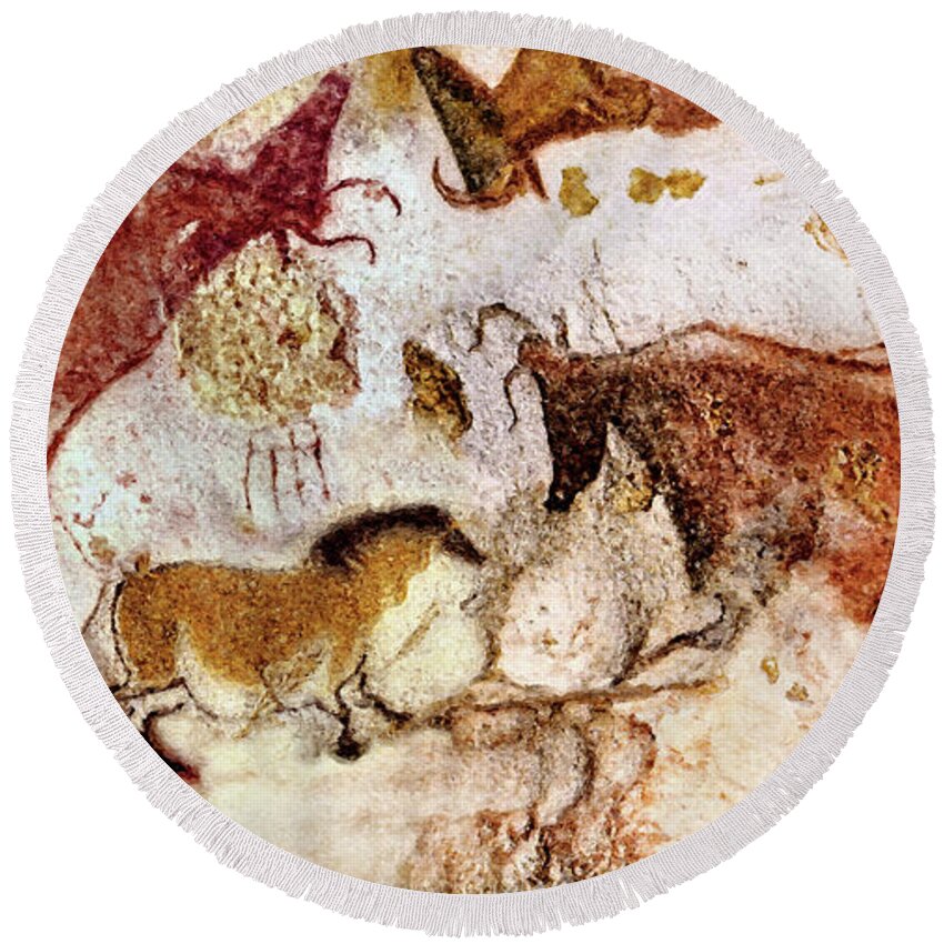 Lascaux Round Beach Towel featuring the digital art Lascaux Cow and Horses by Weston Westmoreland