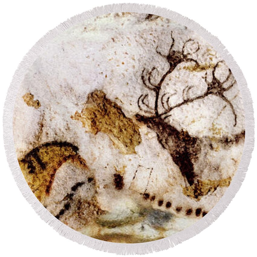 Lascaux Round Beach Towel featuring the digital art Lascaux Cow Horse and Deer by Weston Westmoreland