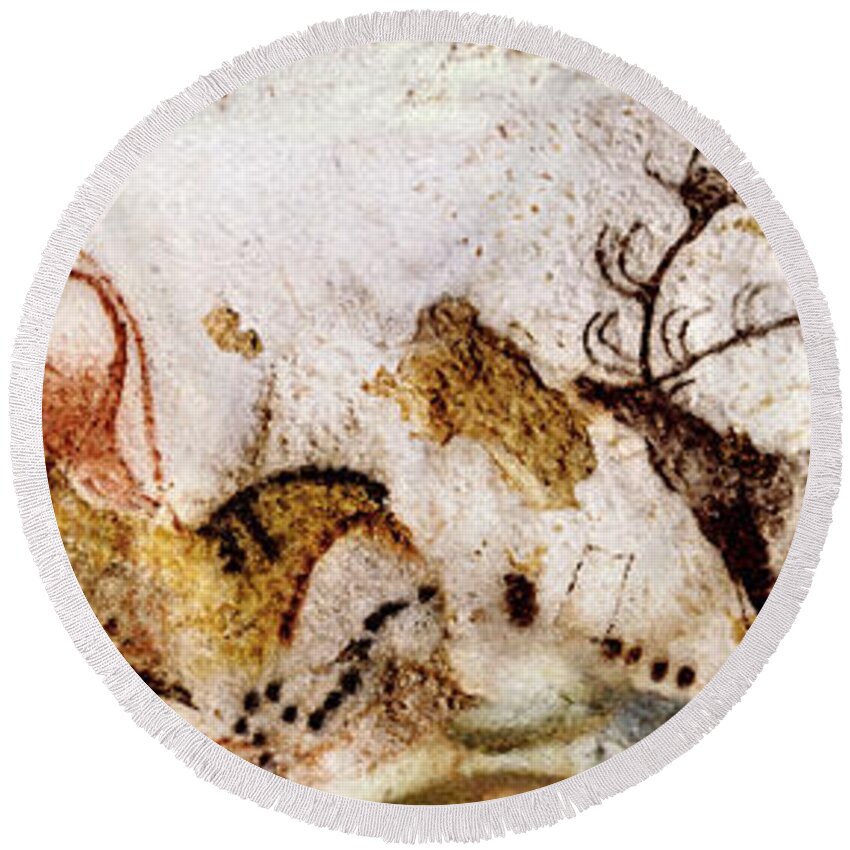 Lascaux Round Beach Towel featuring the digital art Lascaux Cows Horses and Deer by Weston Westmoreland