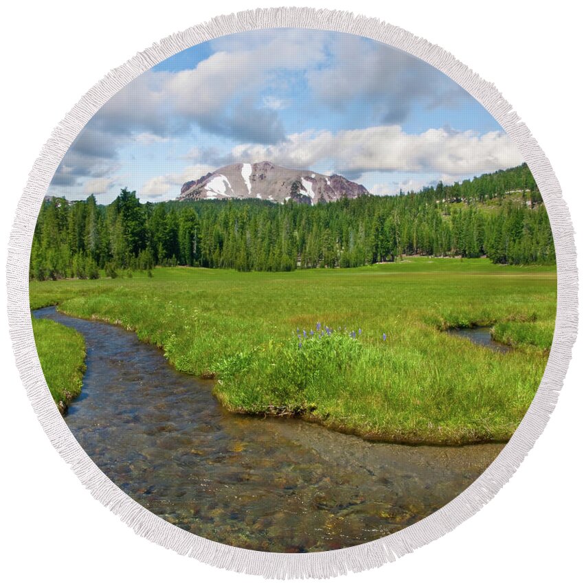 Alpine Round Beach Towel featuring the photograph Lassen Peak and Kings Creek by Jeff Goulden