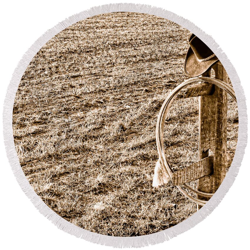 West Round Beach Towel featuring the photograph Lasso and Hat on Fence Post - Sepia by Olivier Le Queinec