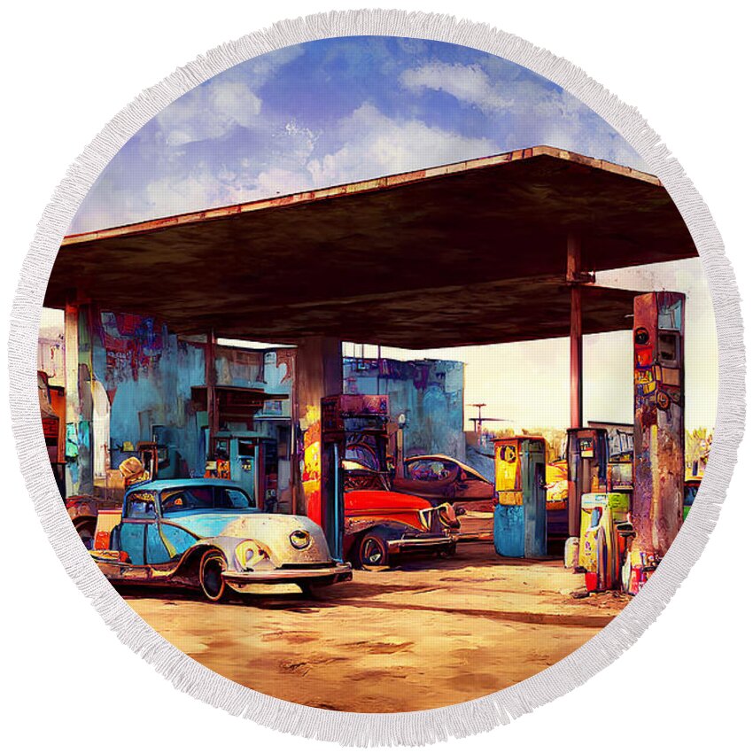Wingsdomain Round Beach Towel featuring the mixed media Last Gas Station For Next 500 Miles Backroads USA 20221113k by Wingsdomain Art and Photography
