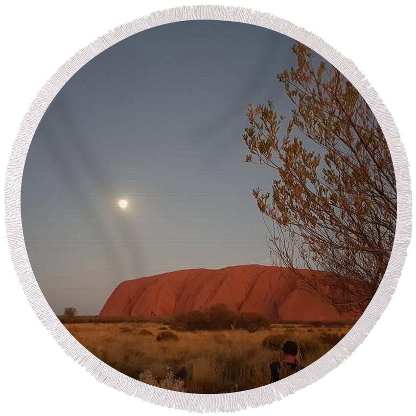 Beautiful; Nature Background; Landscape; Rocks; Cliffs; Rock Pool; Tourism; Travel; Summer; Holidays; Sea; Surf; Uluru Round Beach Towel featuring the photograph Last Light at Uluru Rock by Andre Petrov