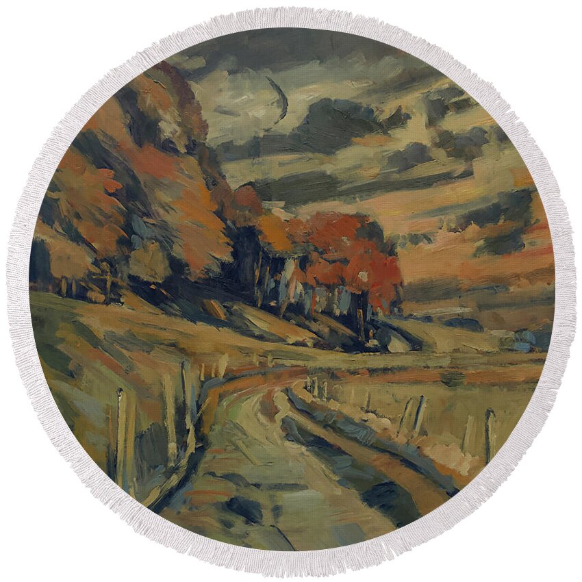 Epen Round Beach Towel featuring the painting Last mile to Epen by Nop Briex