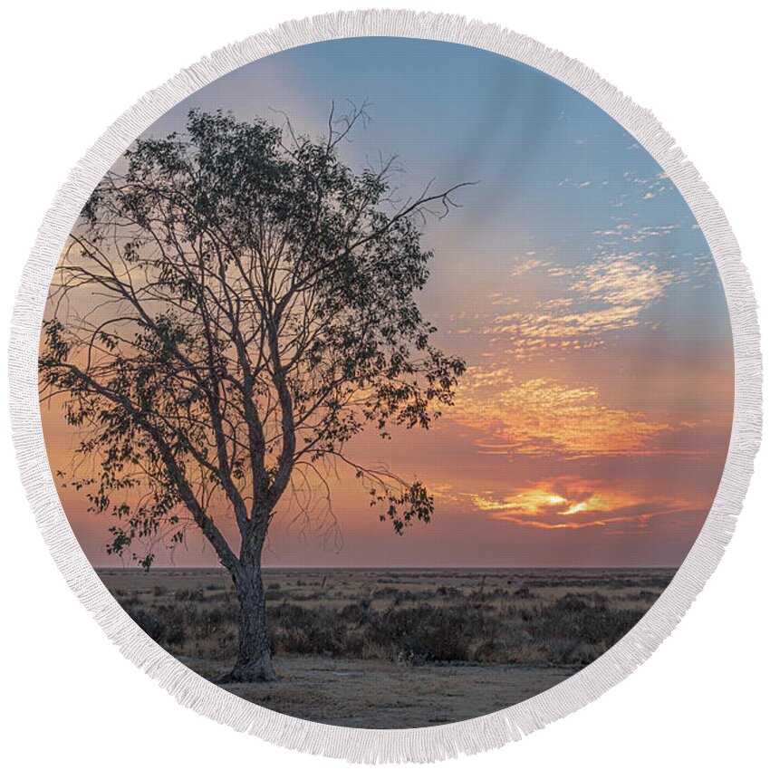 Sunset Round Beach Towel featuring the photograph Last Night at Allensworth by Jeff Hubbard