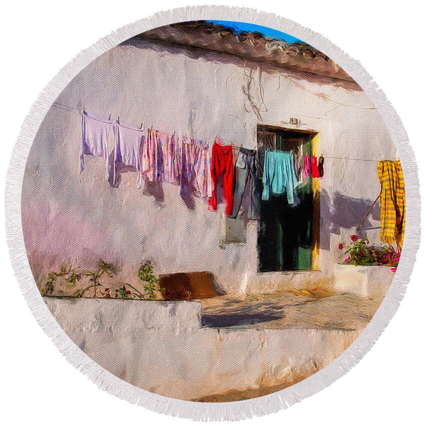 Laundry Round Beach Towel featuring the photograph Laundry in Estoi, Portugal by Tatiana Travelways