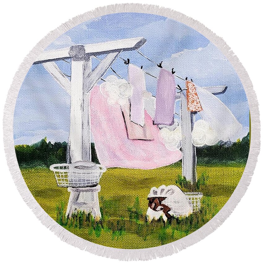 Laundry Round Beach Towel featuring the painting Laundry Day by Amy Kuenzie