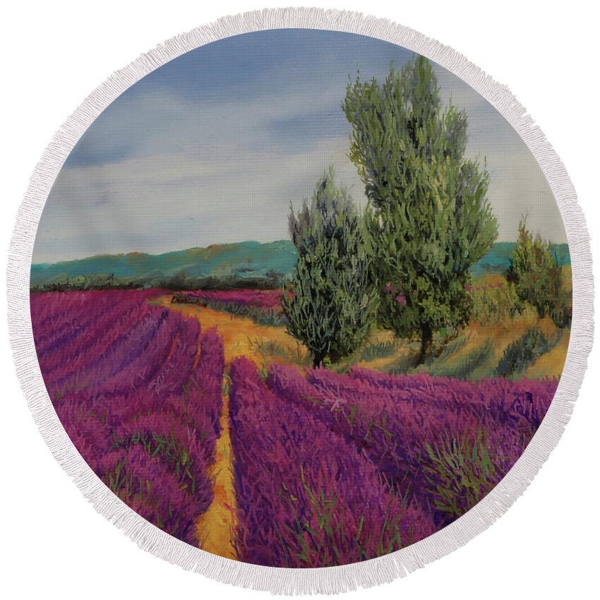 Lavender Round Beach Towel featuring the painting Lavande E Due Alberi by Guido Borelli