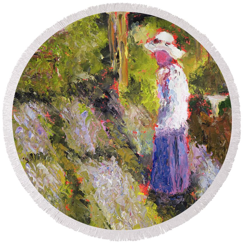 Lavender Round Beach Towel featuring the painting Lavender Farm by Mike Bergen