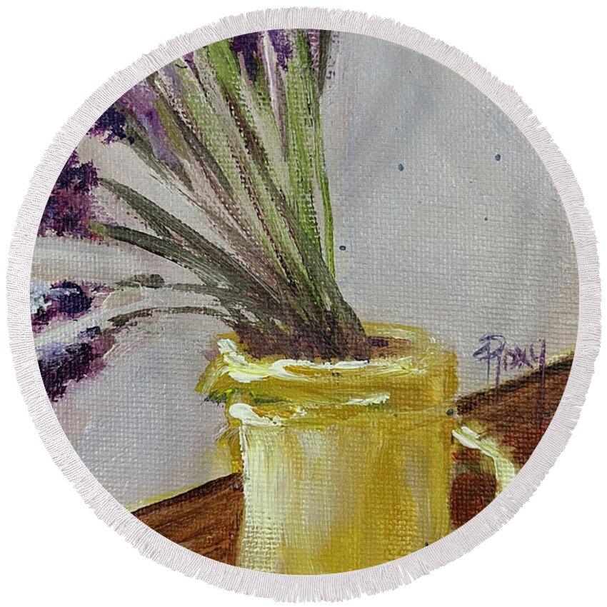 Lavender Round Beach Towel featuring the painting Lavender in a Yellow Pitcher by Roxy Rich