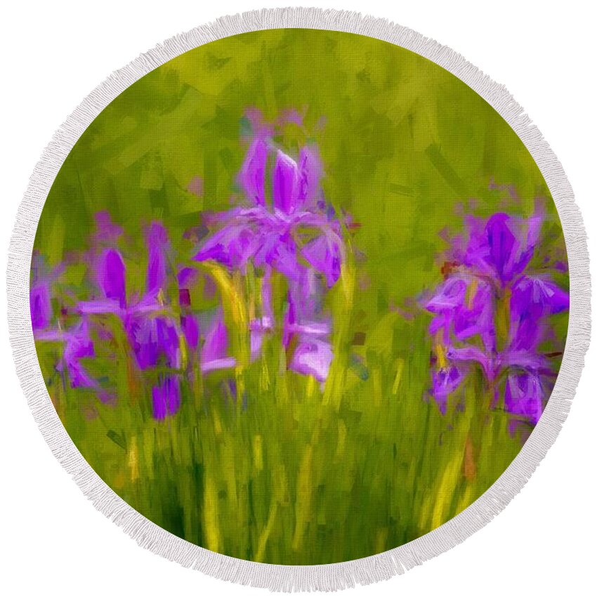 Iris Round Beach Towel featuring the mixed media Lavender Iris Bliss by Susan Rydberg