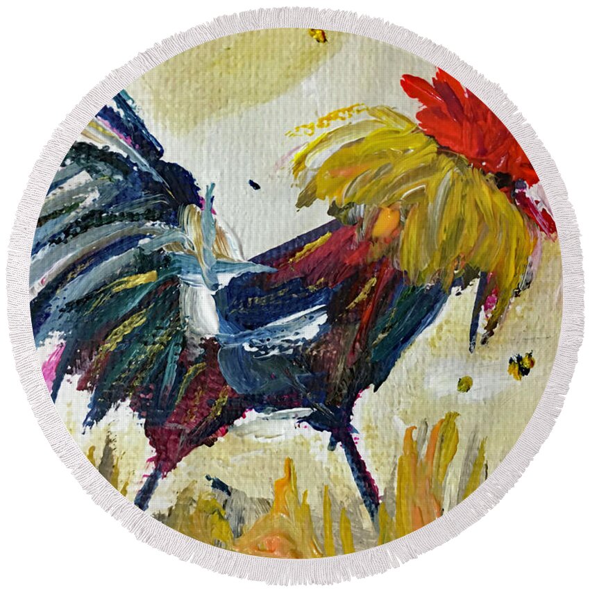 Rooster Round Beach Towel featuring the painting Le Coq by Roxy Rich