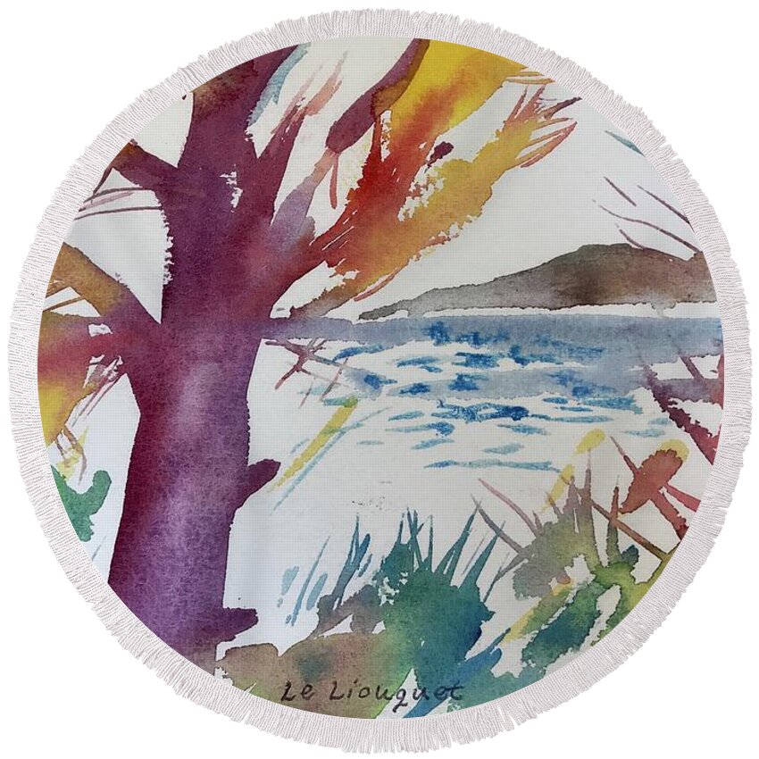 Watercolor Painting Round Beach Towel featuring the painting Le Liouquet Trees by Glen Neff