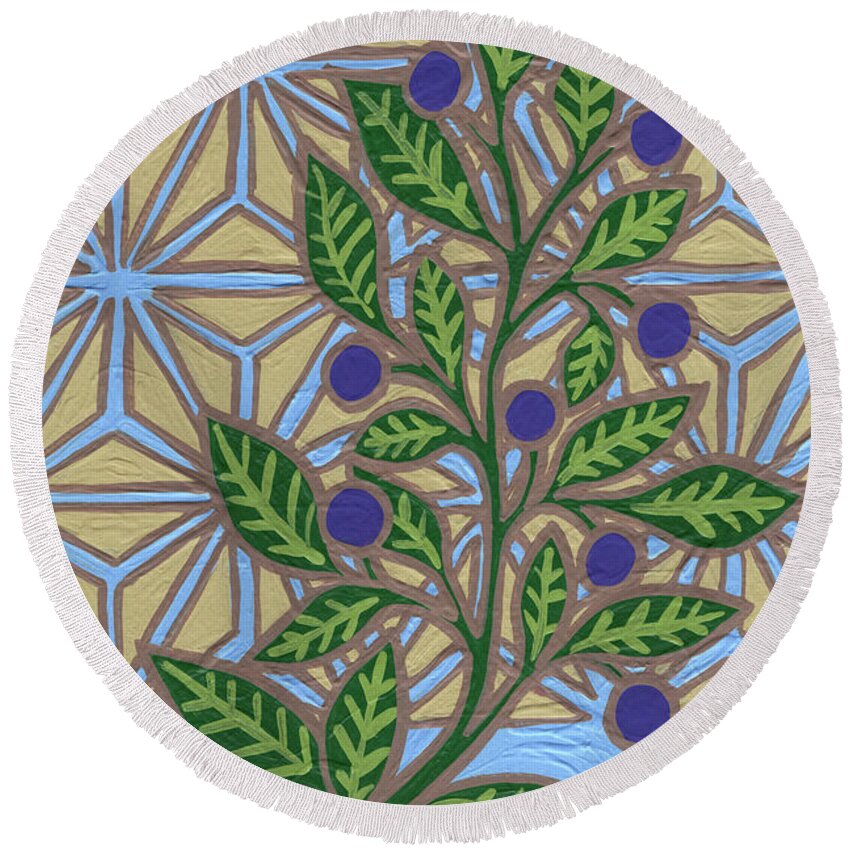 Leaf Round Beach Towel featuring the painting Leaf And Design Azure Blue 3 by Amy E Fraser