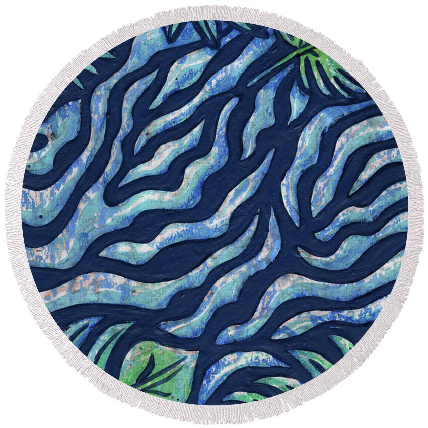 Animal Print Round Beach Towel featuring the painting Leaf And Design Jungle Blue 7 by Amy E Fraser