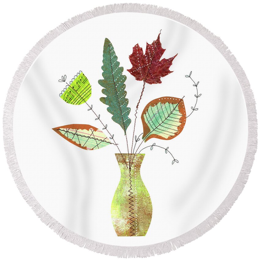 Collage Round Beach Towel featuring the mixed media Leaf Bouquet by Lucie Duclos