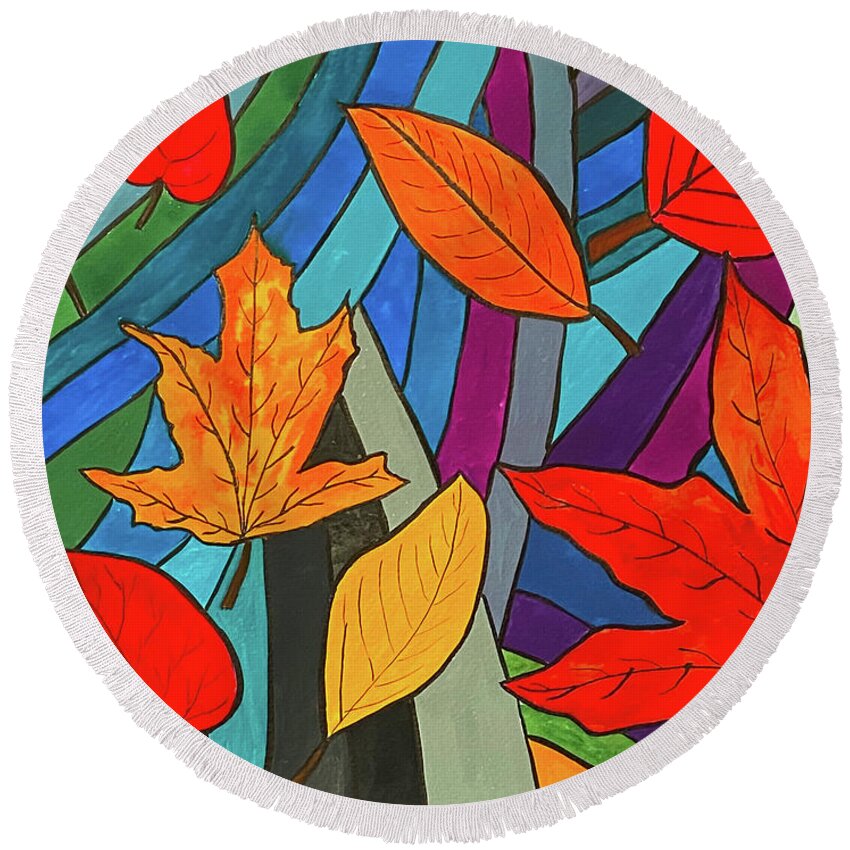 Leaves Round Beach Towel featuring the mixed media Leaves and Stripes by Lisa Neuman