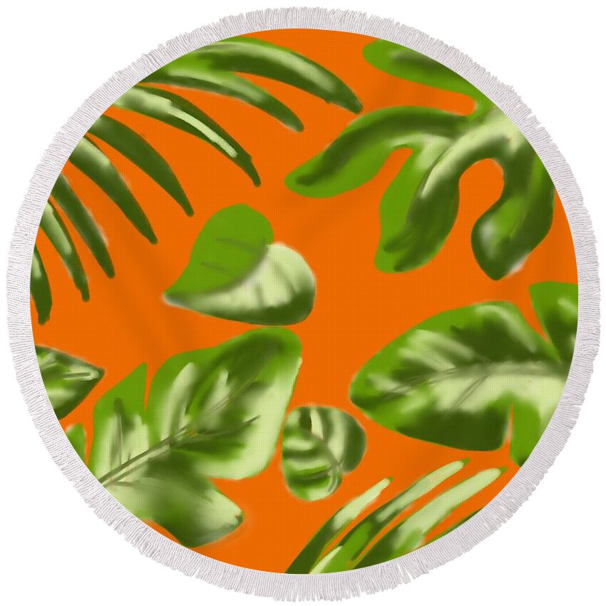 Leaves Round Beach Towel featuring the digital art Leaves orange by Faa shie