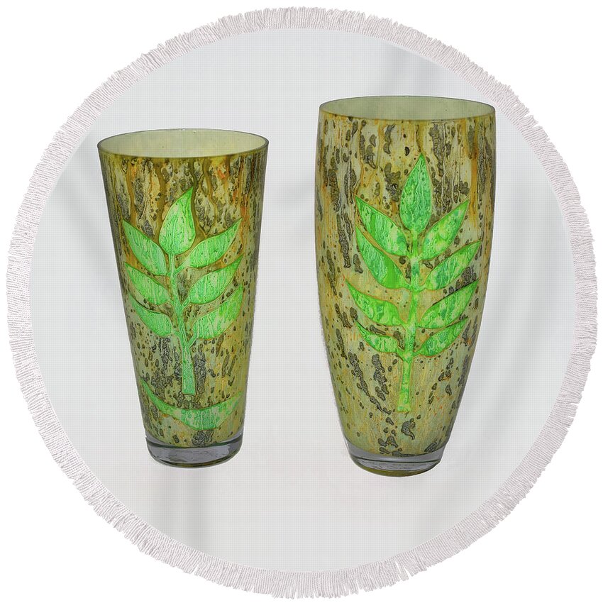 Green Round Beach Towel featuring the glass art Leaves set of two by Christopher Schranck
