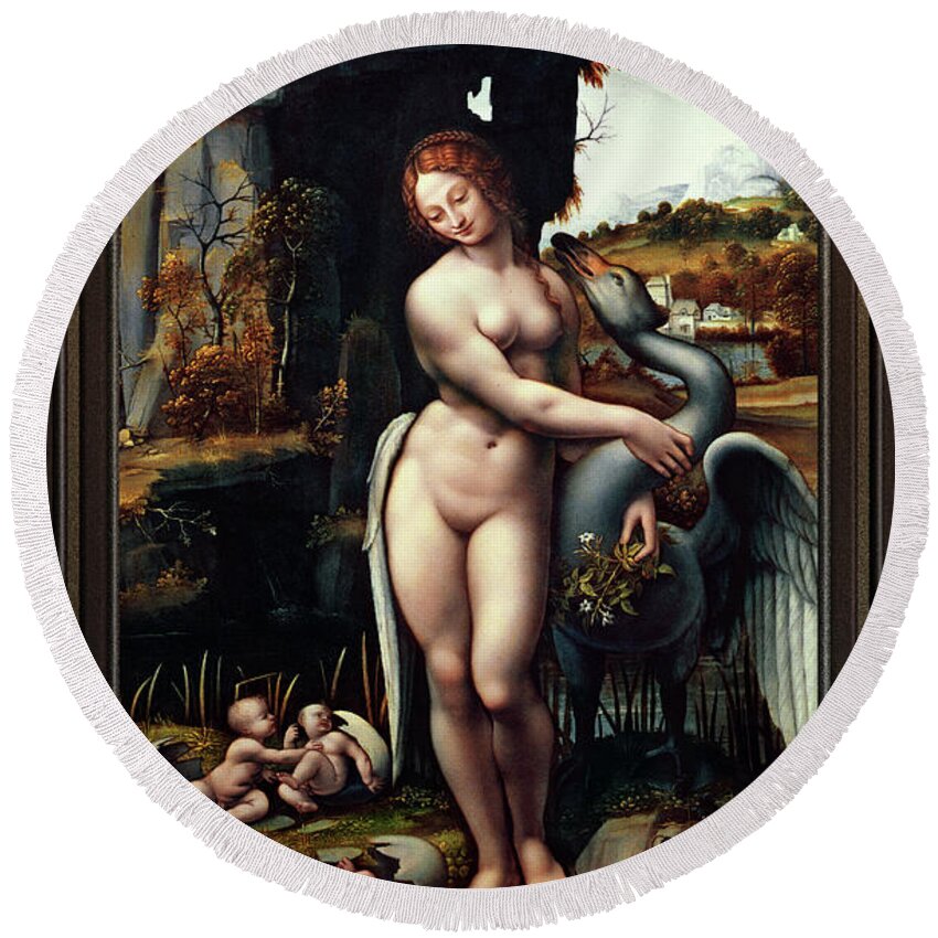 Leda Round Beach Towel featuring the painting Leda and the Swan by Francesco Melzi by Rolando Burbon