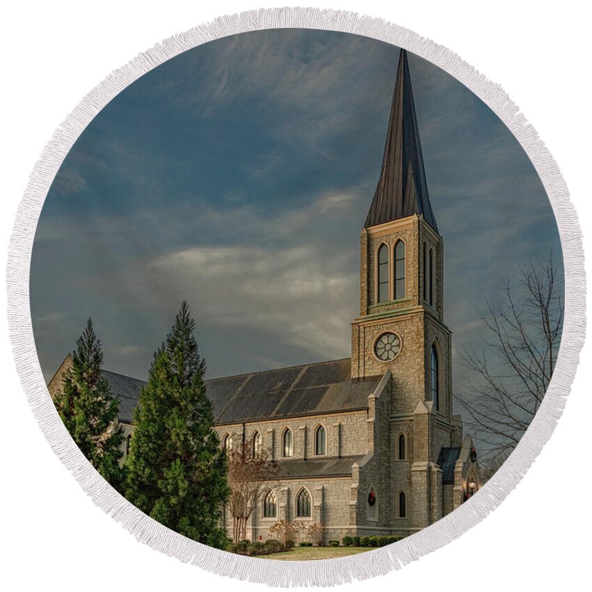 Lee University Round Beach Towel featuring the photograph Lee University Chapel at First Light by Marcy Wielfaert