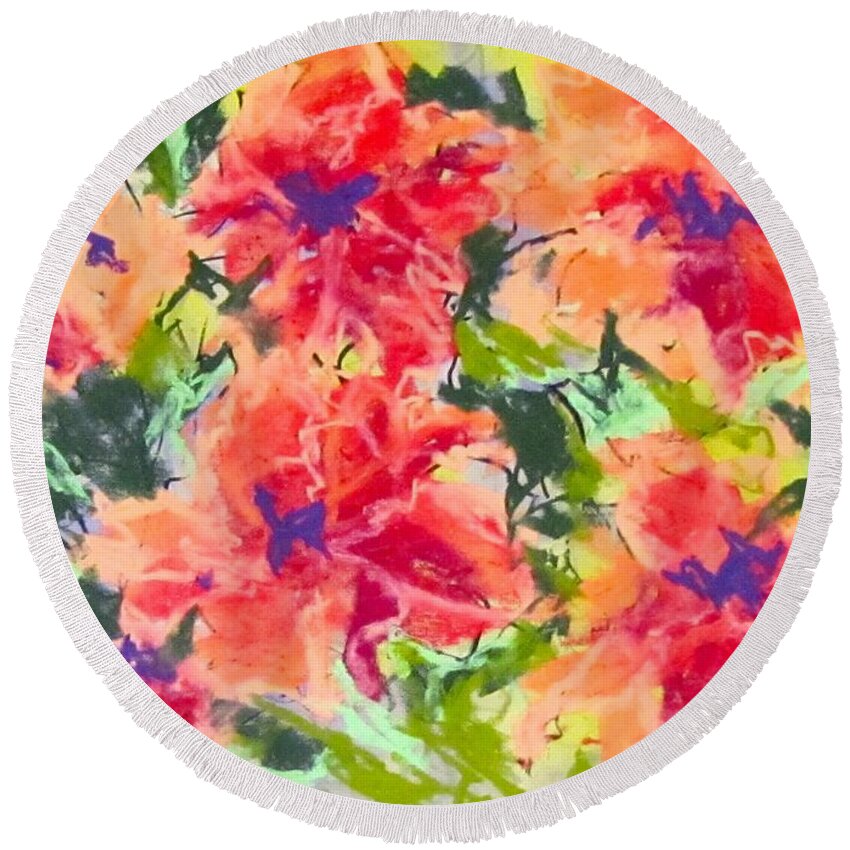 Orange Round Beach Towel featuring the pastel Lefthand Abstracts Series #2 Orange Floral by Barbara O'Toole