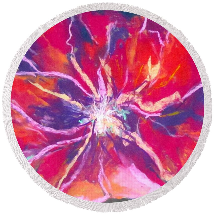 Red Round Beach Towel featuring the pastel Lefthand Abstracts Series #3 - Red Fora Macro by Barbara O'Toole