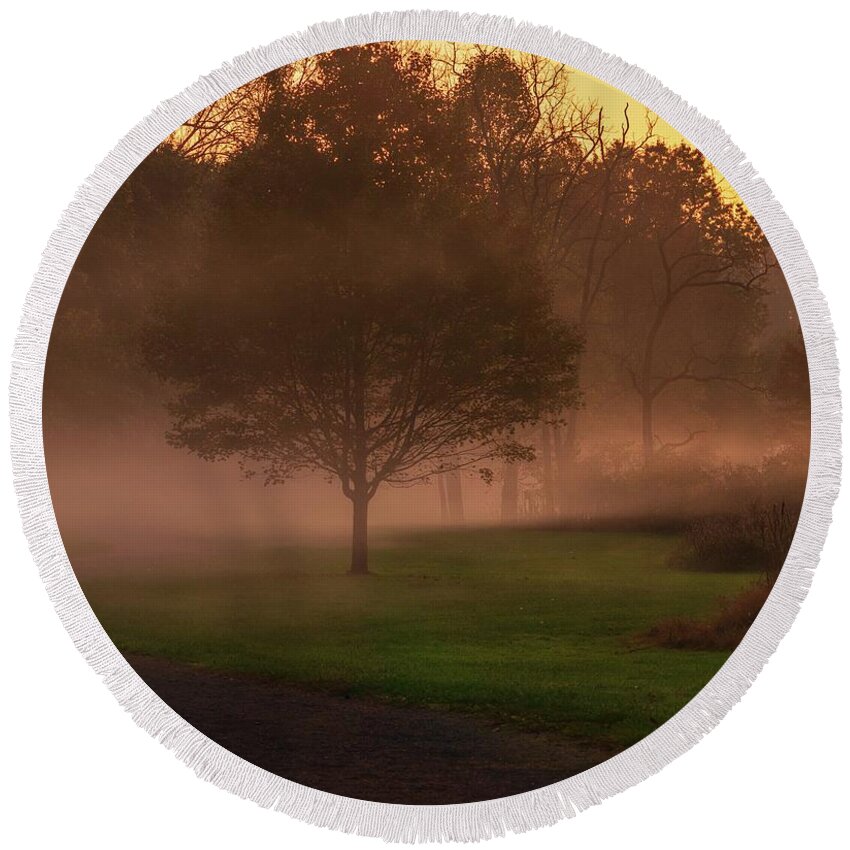 Fog Round Beach Towel featuring the photograph Lehigh Parkway South Fog at Sunset by Jason Fink