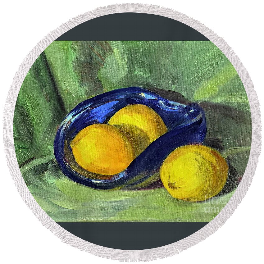 Still Life Round Beach Towel featuring the painting Lemons in Blue Bowl by Barbara Oertli
