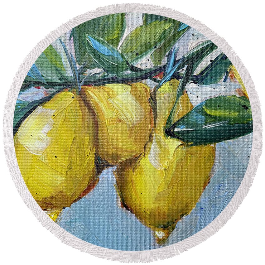 Lemon Round Beach Towel featuring the painting Lemons by Roxy Rich