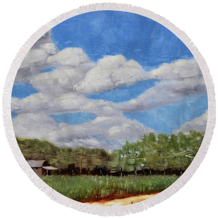 Lenoir County Round Beach Towel featuring the painting Lenoir County by Tesh Parekh