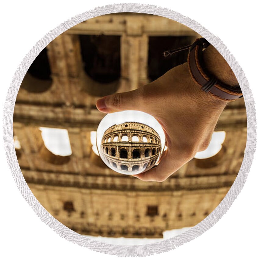 Colosseum Round Beach Towel featuring the photograph Lensball photography of Colosseum in Rome, Italy by Fabiano Di Paolo