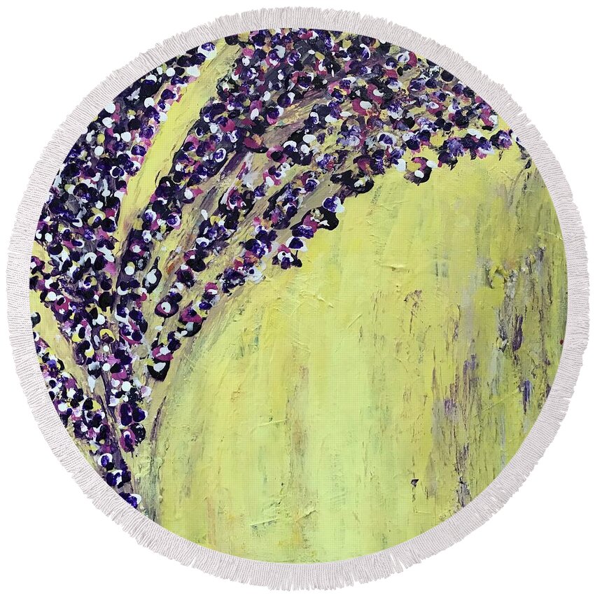 Yellow Round Beach Towel featuring the painting L'envol by Medge Jaspan