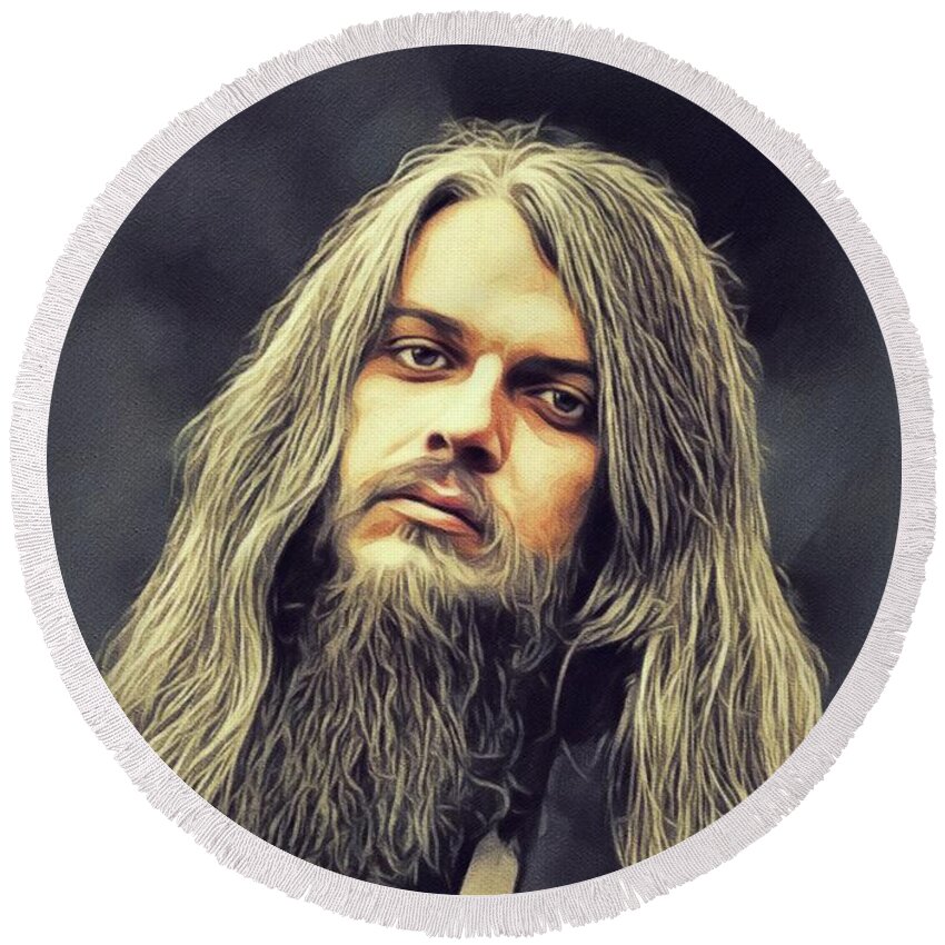 Leon Round Beach Towel featuring the painting Leon Russell, Music Legend by Esoterica Art Agency