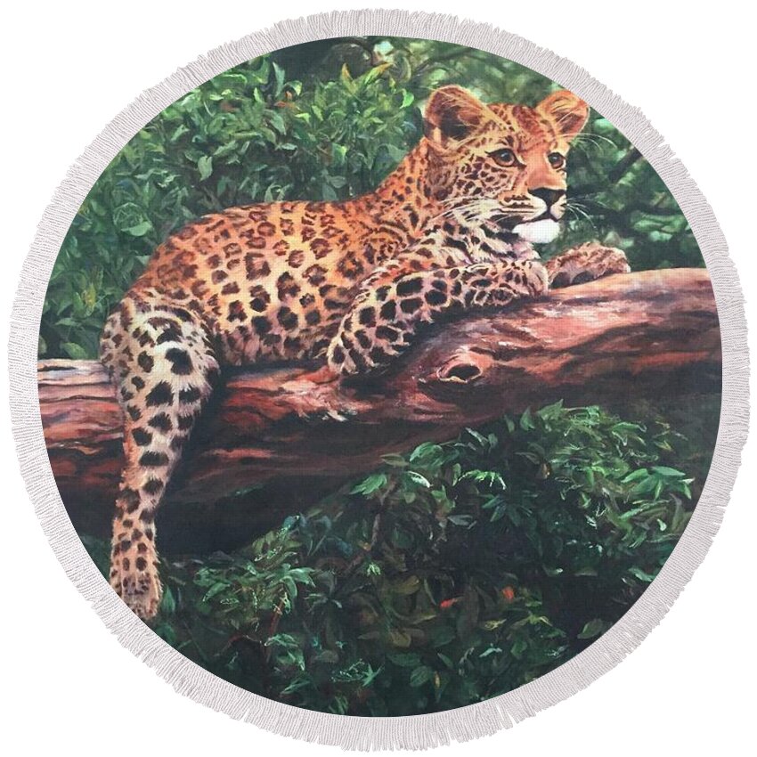 Africa Round Beach Towel featuring the painting Leopard by Judy Rixom