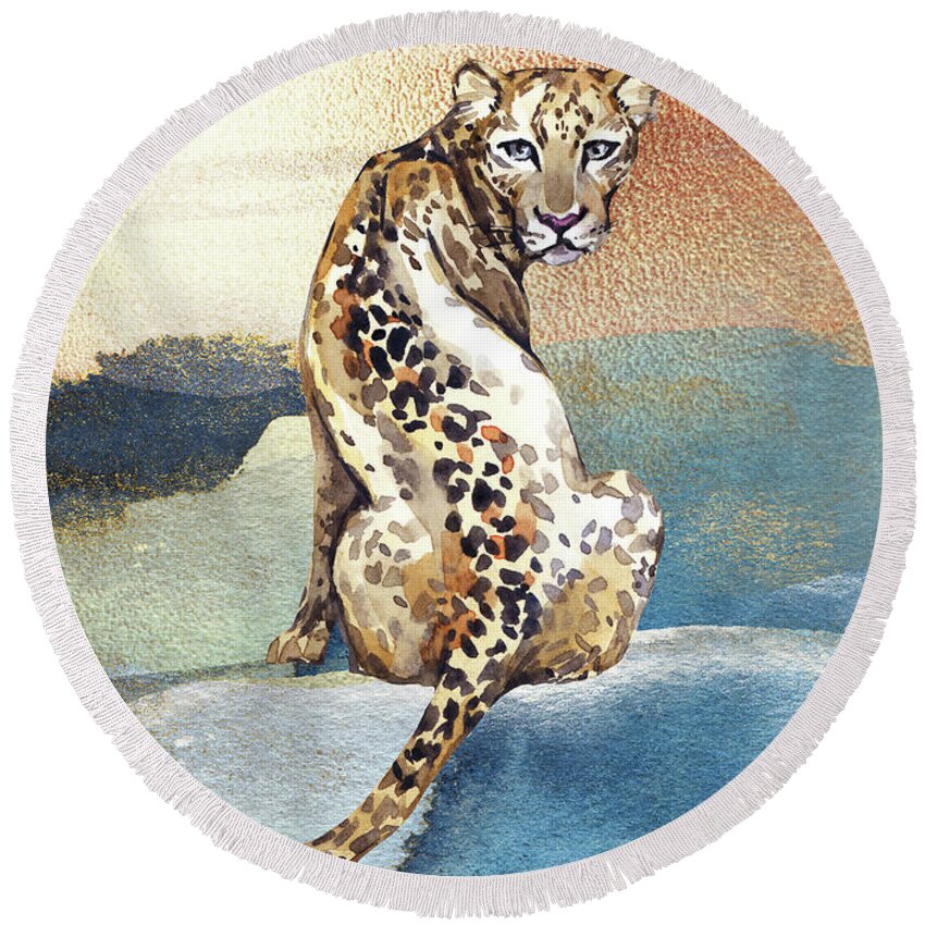 Leopard Round Beach Towel featuring the painting Leopard Watercolor Animal Art Painting by Garden Of Delights
