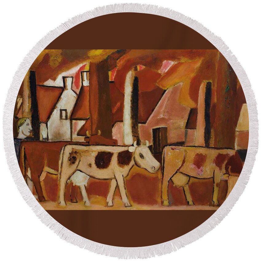  Round Beach Towel featuring the drawing Les Vaches Dans Une Mene Vers Letable by Gustave De Smet Dutch