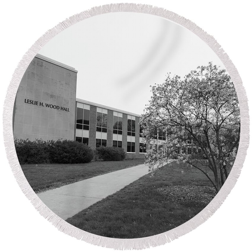 Western Michigan University Round Beach Towel featuring the photograph Leslie H. Wood Hall at Western Michigan University in black and white by Eldon McGraw