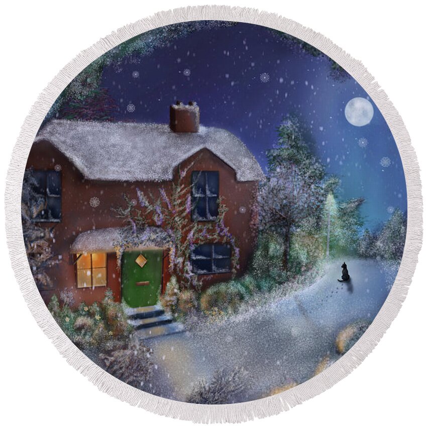 A Cosy Country Cottage Nestles In Amongst The Tree As The Snow Gently Drifts Down Coating All Insight With A Magical Round Beach Towel featuring the painting Let it Snow by Rachel Emmett