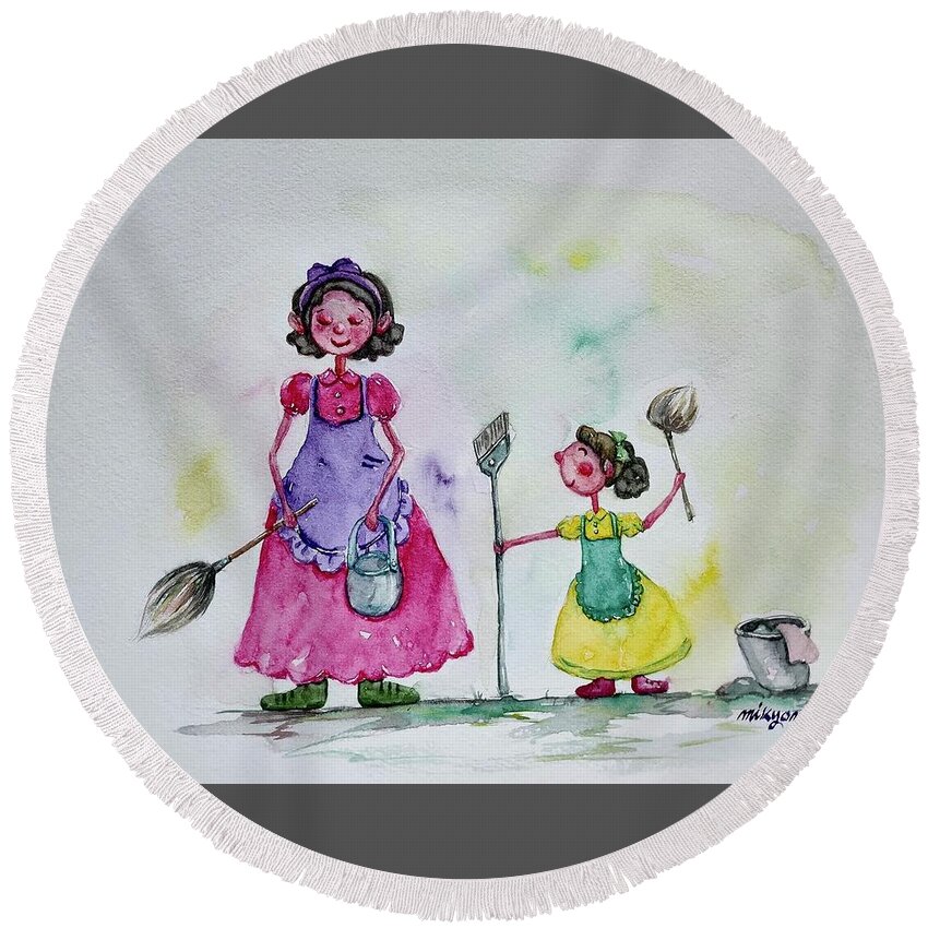 Cleaning Day Round Beach Towel featuring the painting Lets Clean by Mikyong Rodgers