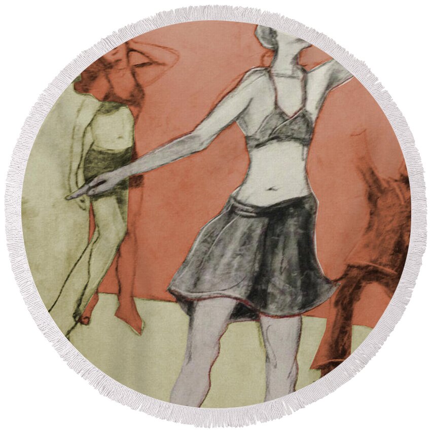 Charcoal Round Beach Towel featuring the mixed media Let's Dance by PJ Kirk