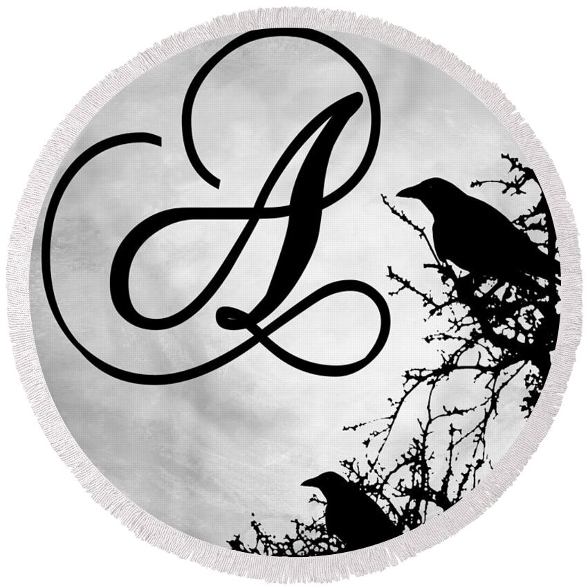 Letter A Round Beach Towel featuring the mixed media Letter A Design 43 Crow Birds by Lucie Dumas