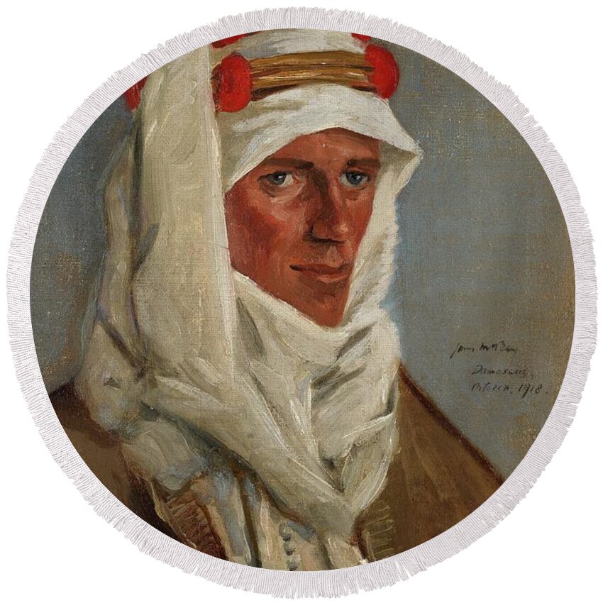 Antique Round Beach Towel featuring the painting Lieutenant Colonel T E Lawrence, CB, DSO, 1918 A head and shoulders portrait of Lawrence in Arab hea by MotionAge Designs