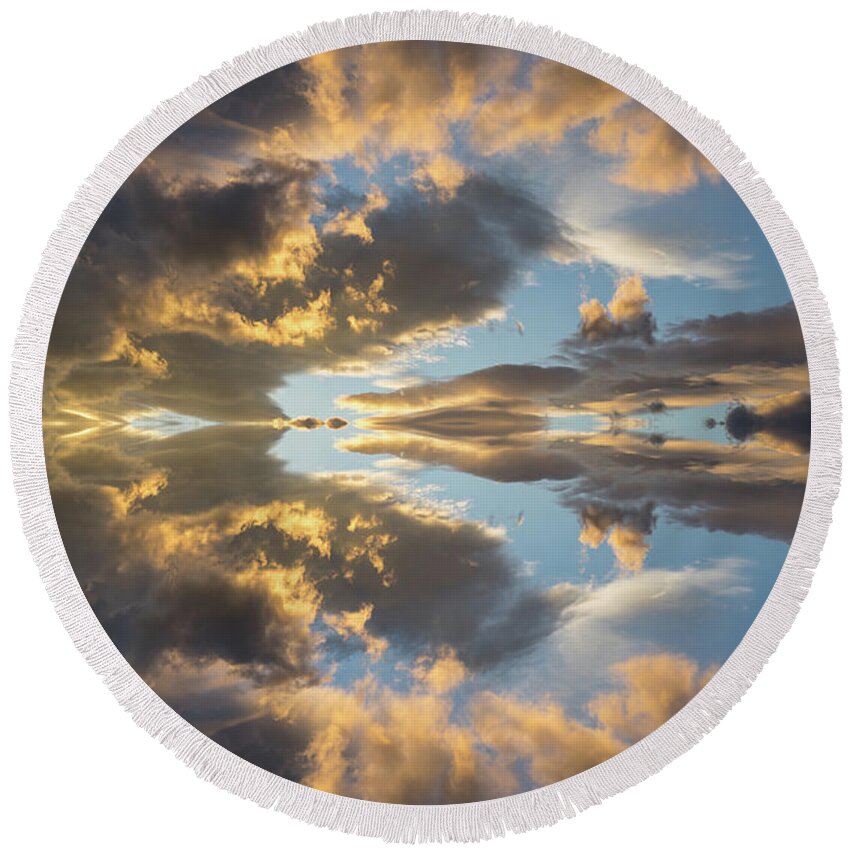Heaven Round Beach Towel featuring the digital art Light and golden clouds in the blue sky by Adriana Mueller