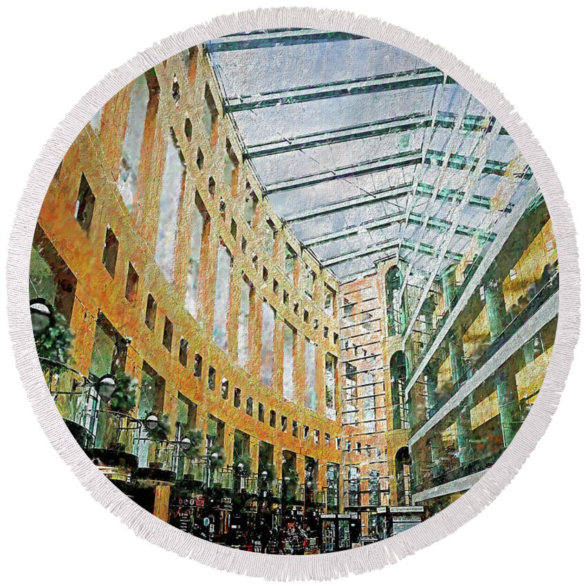 Architecture Round Beach Towel featuring the digital art The Atrium, Victoria BC by Deb Nakano