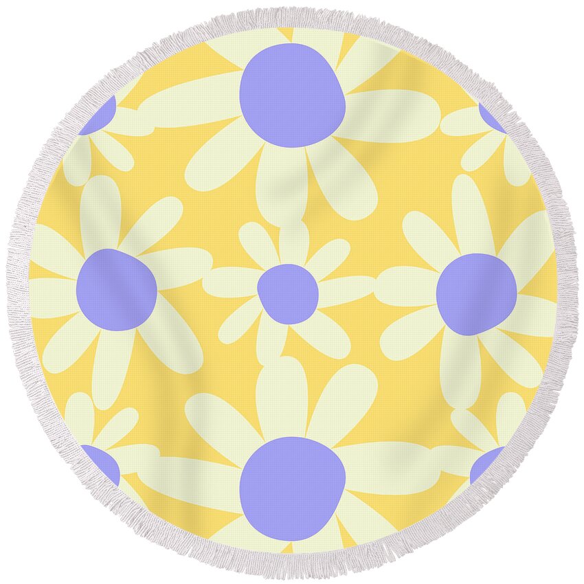 Yellow Round Beach Towel featuring the digital art Light Steel Blue Daisy Floral Pattern Design by Christie Olstad
