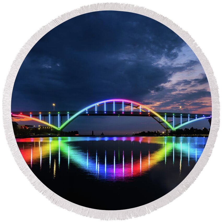 Port Of Milwaukee Round Beach Towel featuring the photograph Light the Hoan with Pride by Kristine Hinrichs