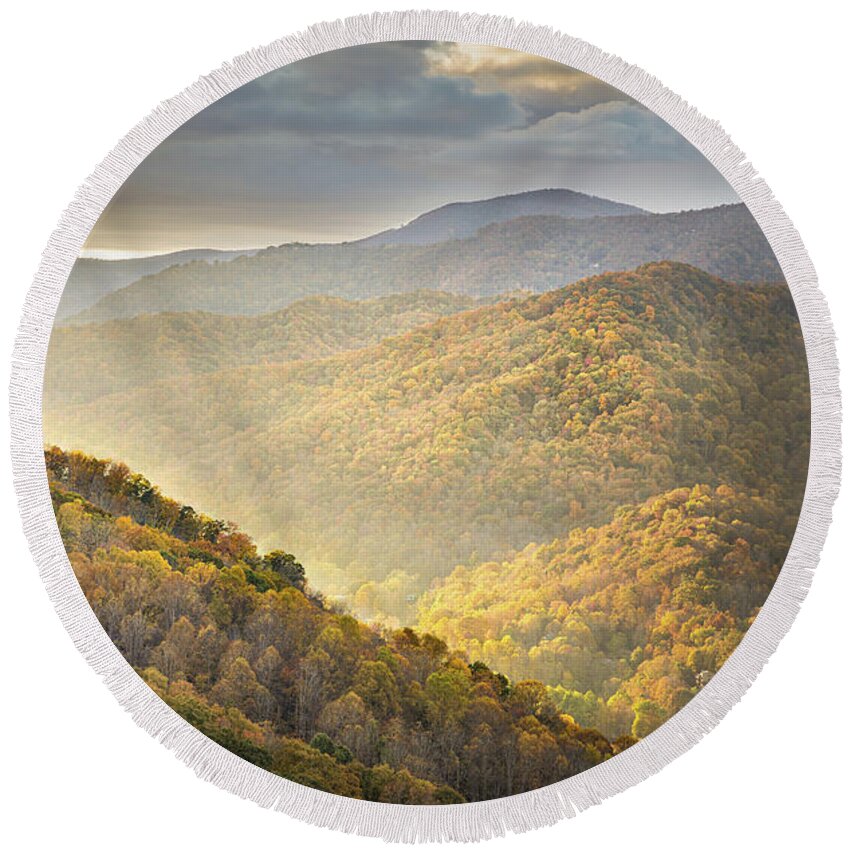 Maggie Valley Round Beach Towel featuring the photograph Light Through The Clouds by Jordan Hill