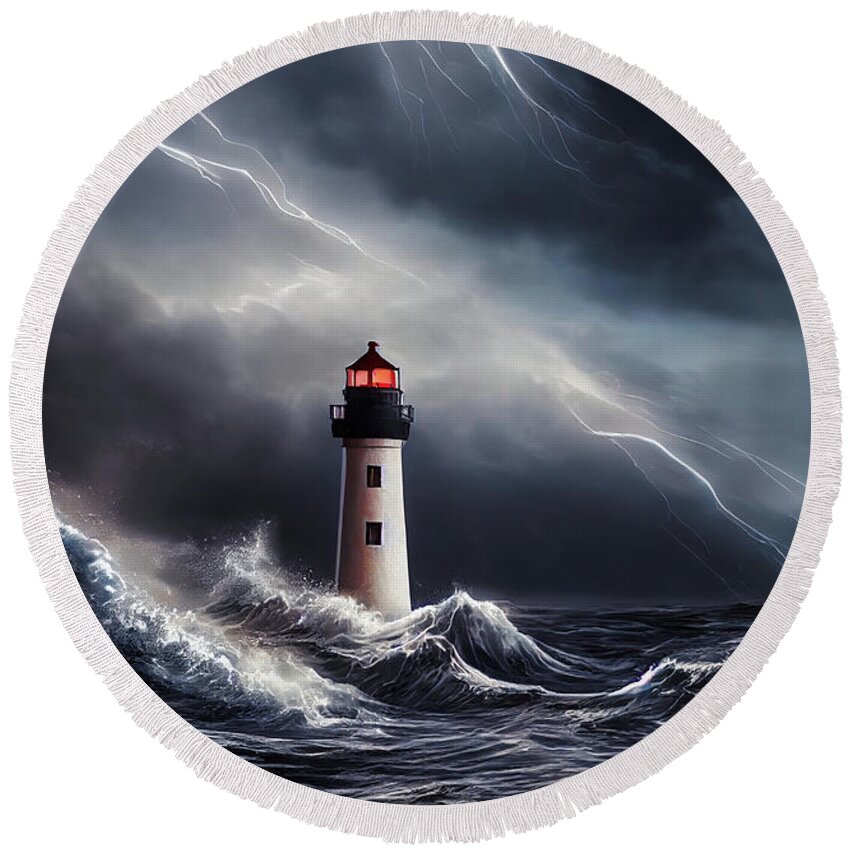Lighthouse Round Beach Towel featuring the digital art Lighthouse 08 Waves and Thunderstorm by Matthias Hauser