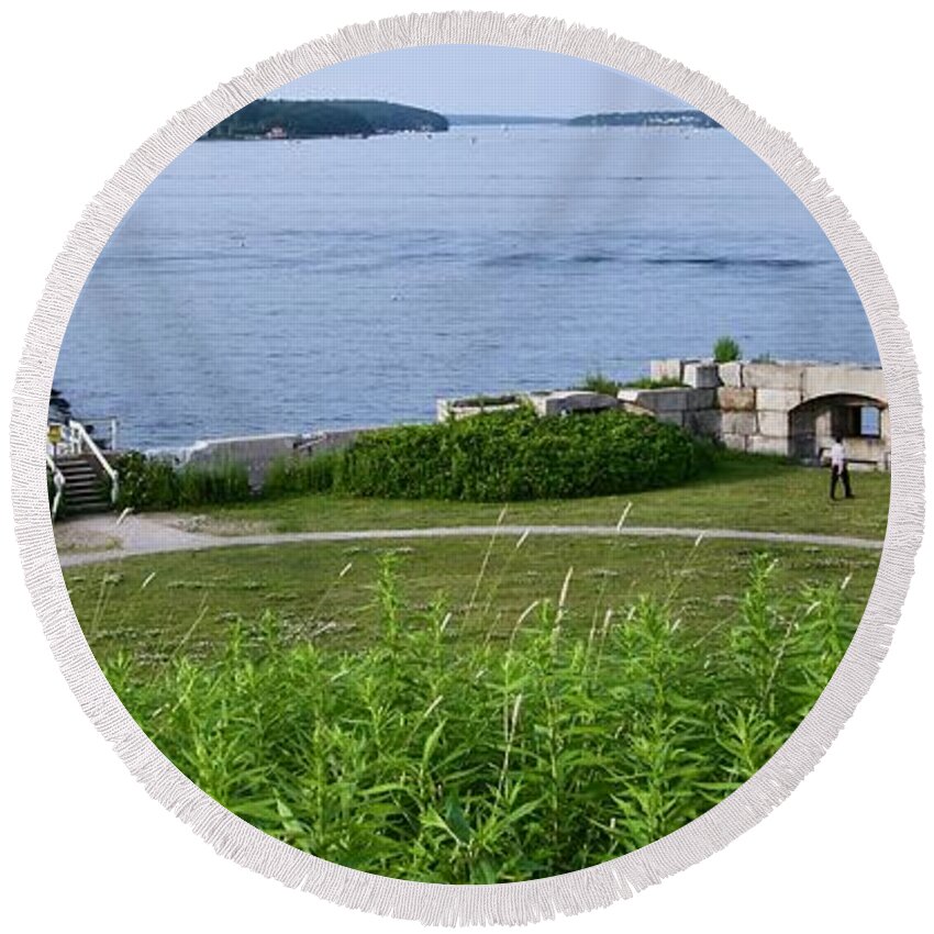 Architecture Round Beach Towel featuring the photograph Lighthouse and Fort Preble by Caroline Stella